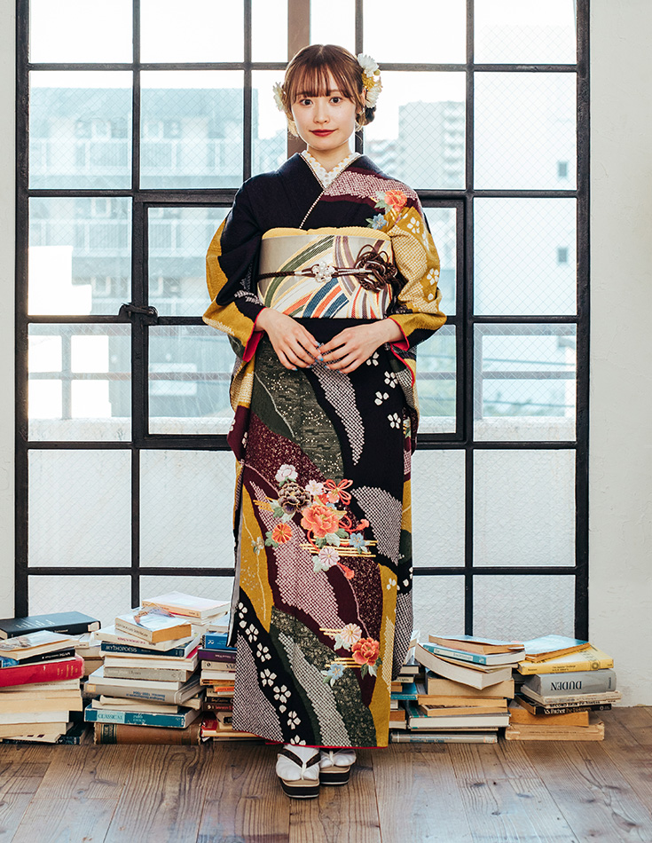 振袖 紫色 レトロ柄