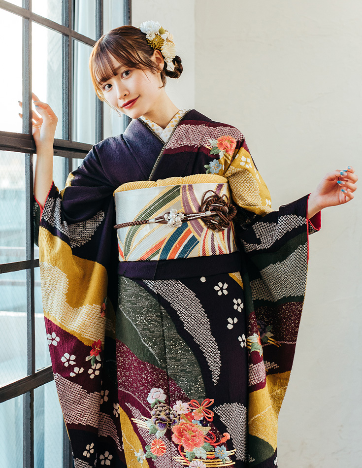 振袖 紫色 レトロ柄