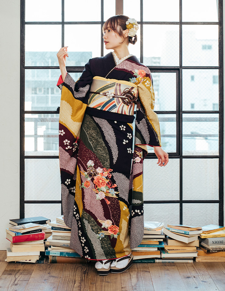 振袖 紫色 レトロ柄