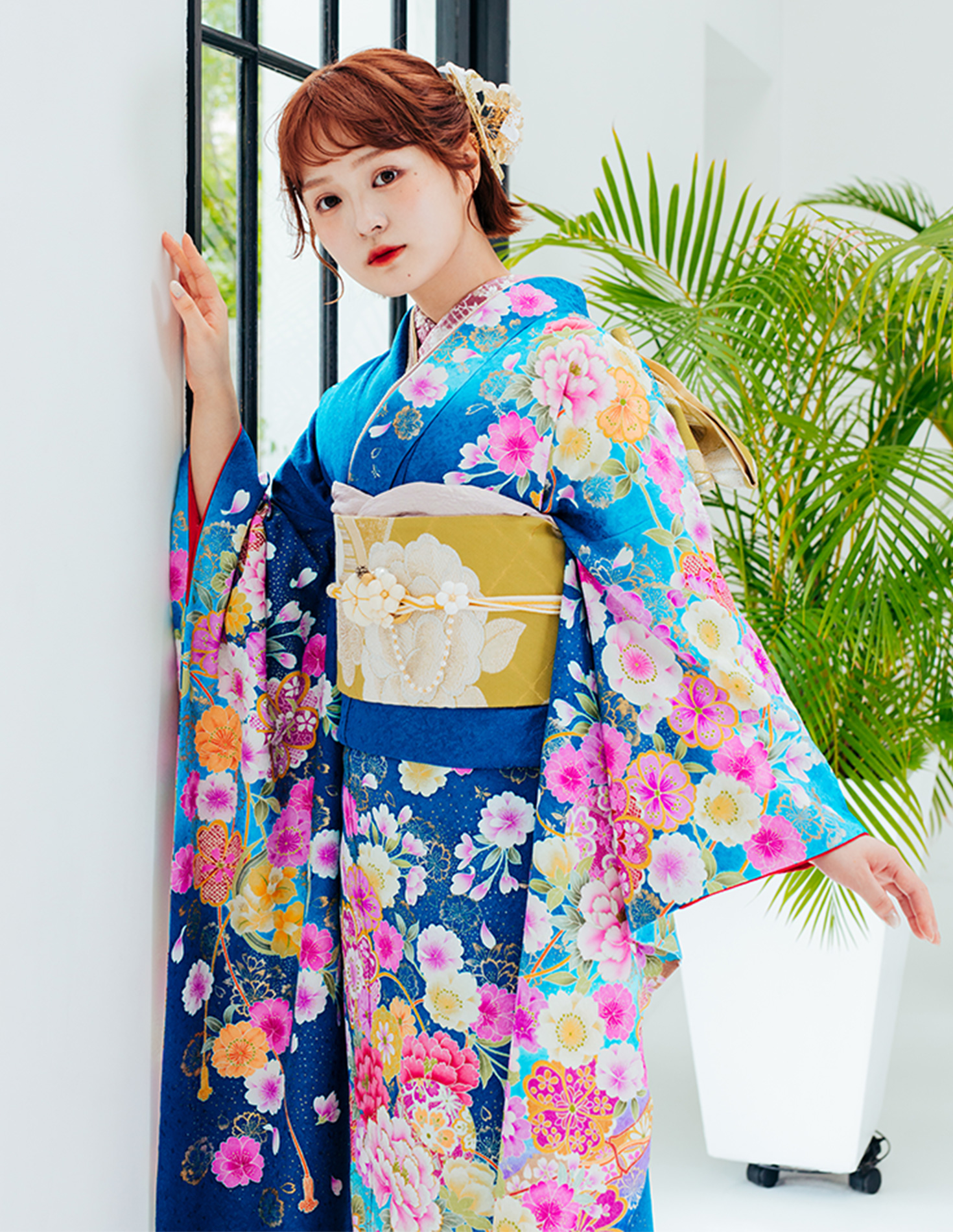 振袖 青色 ガーリー柄