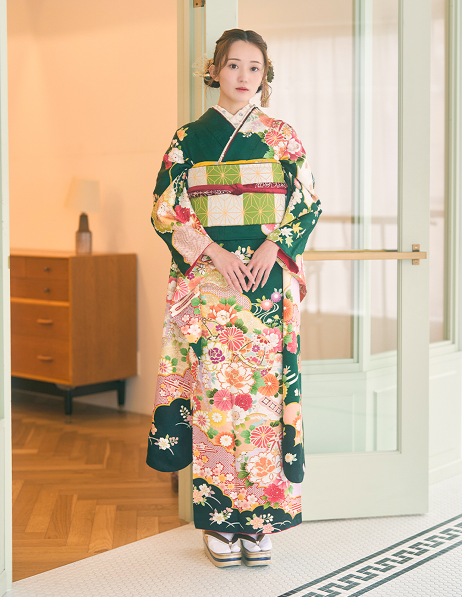 振袖 緑色 古典柄