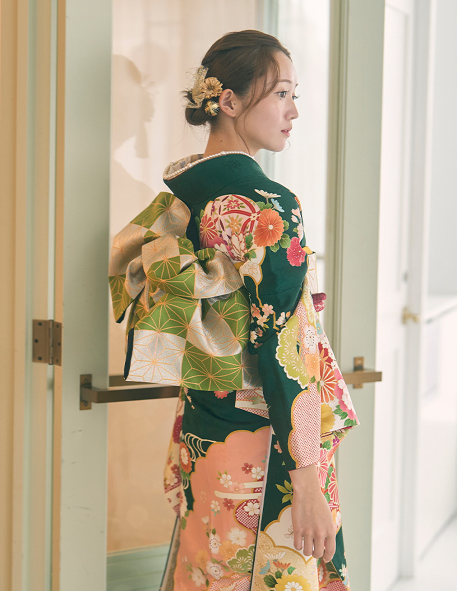 振袖 緑色 古典柄