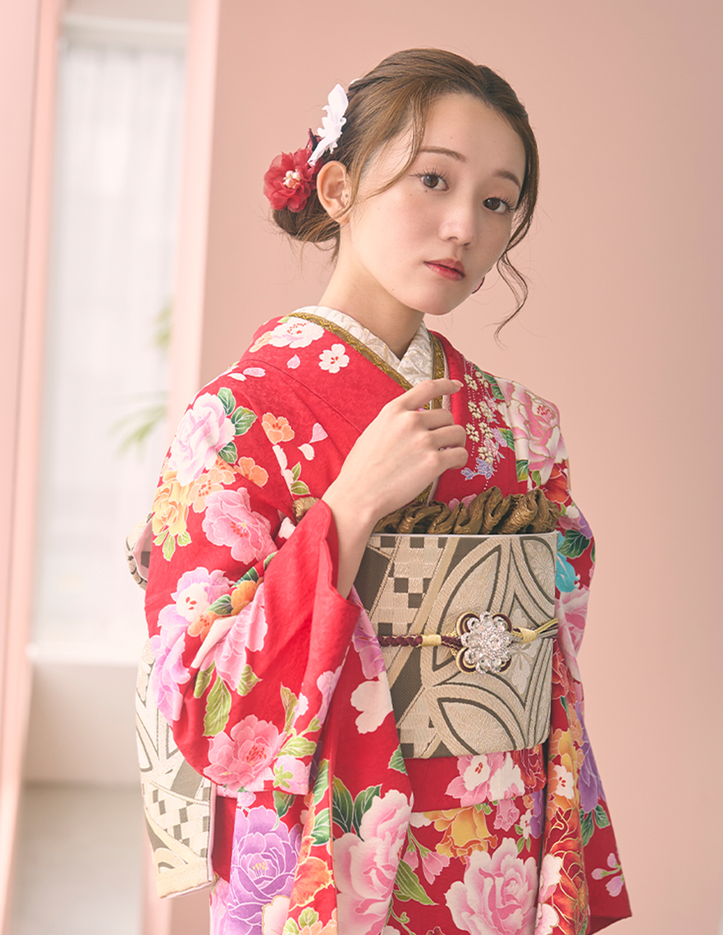 振袖 赤色 ガーリー柄