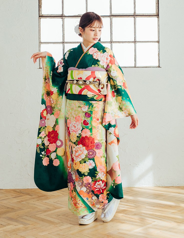 振袖 緑色 ガーリー柄
